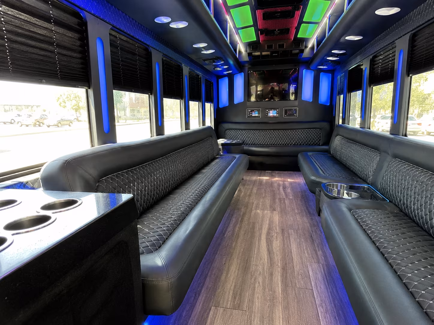 aventura 15 passenger party bus inside